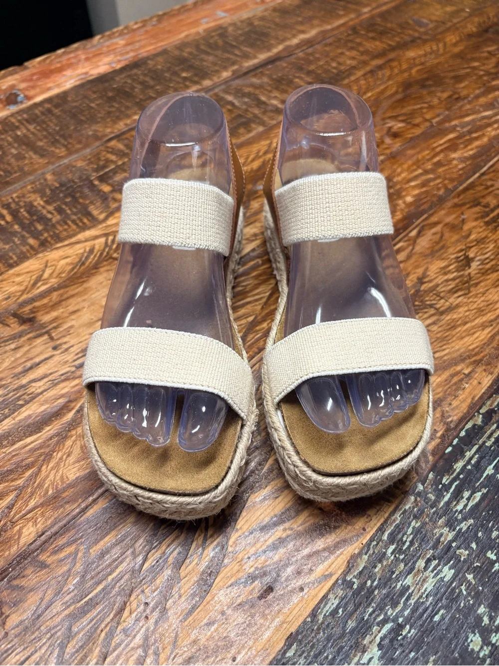 Steve Madden Jaklin Cream and Tan Stretch Espadrille Platform Sandals Size 8